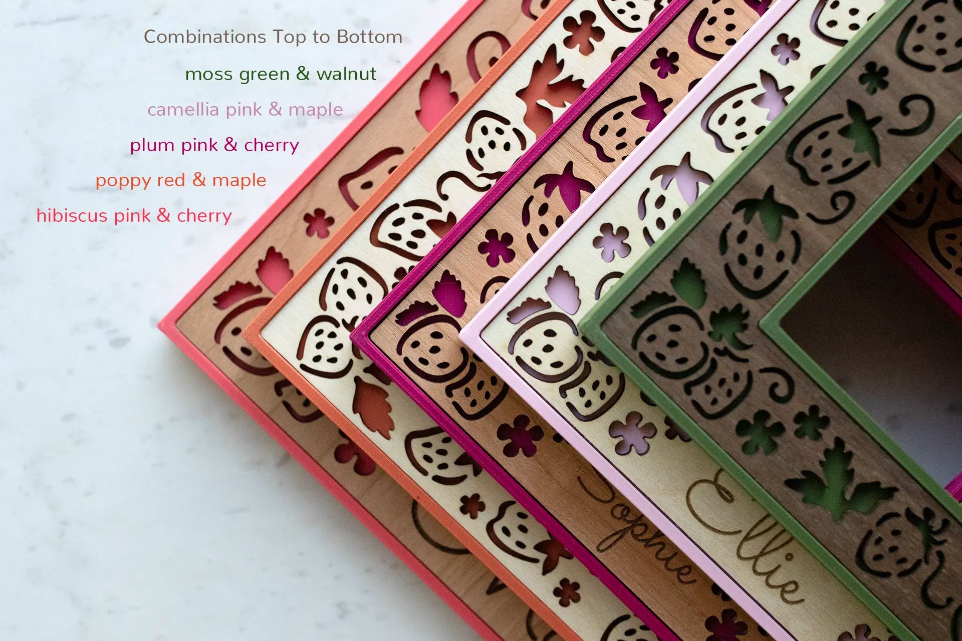 Cute laser cut strawberry picture frames in various shades of pink and red. Makes a great summer strawberry keepsake frame.