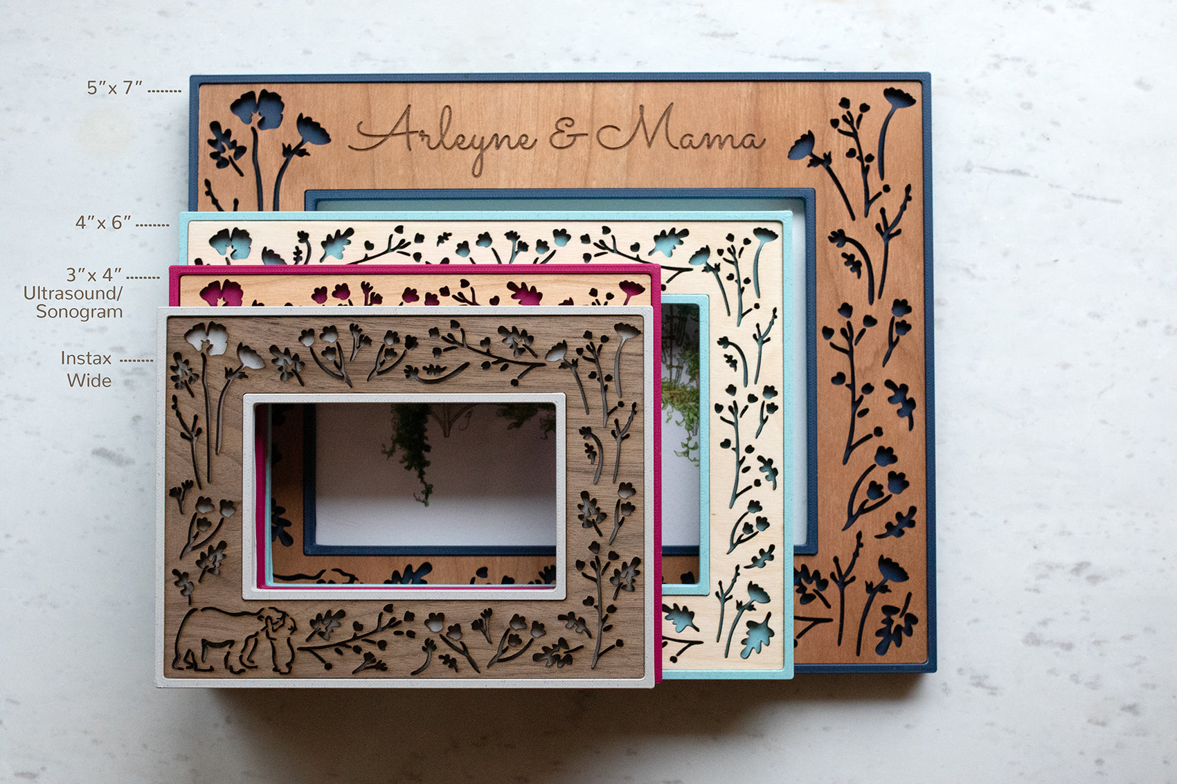 Front view of four sizes for mama and baby bear woodlands photo frames. Sizes include 5"x7", 4"x6", 3"x4" standard ultrasound sonogram size, and Fujifilm Instax Wide 3"x4" film size.